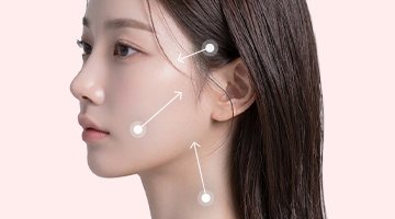 옆얼굴 여성 — 볼·턱선의 처짐 방향을 위로 가리키는 흰 화살표 3개