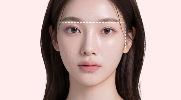 정면 여성 얼굴 — 가운데 세로선과 가로 점선으로 좌우 균형 표시