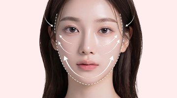 정면 여성 얼굴 — 턱선 점선과 볼·관자 쪽으로 올라가는 화살표