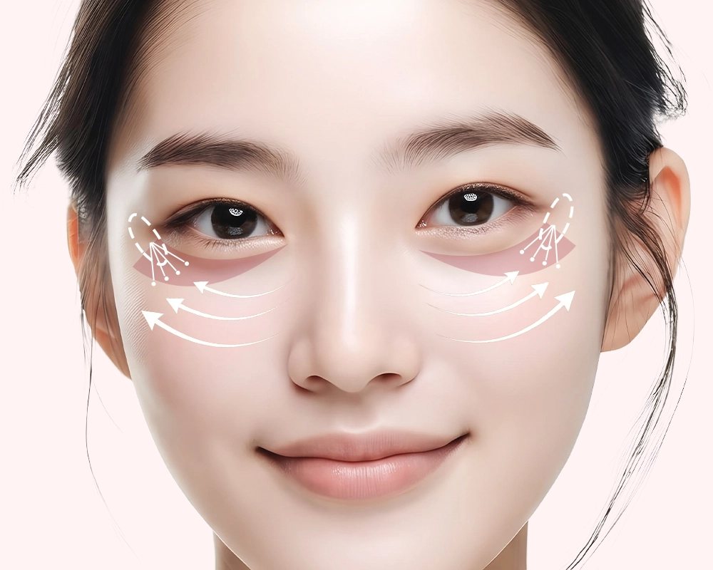 정면 여성 얼굴 — 눈밑 분홍 표시와 바깥쪽으로 펴지는 화살표(눈밑지방재배치 부위)